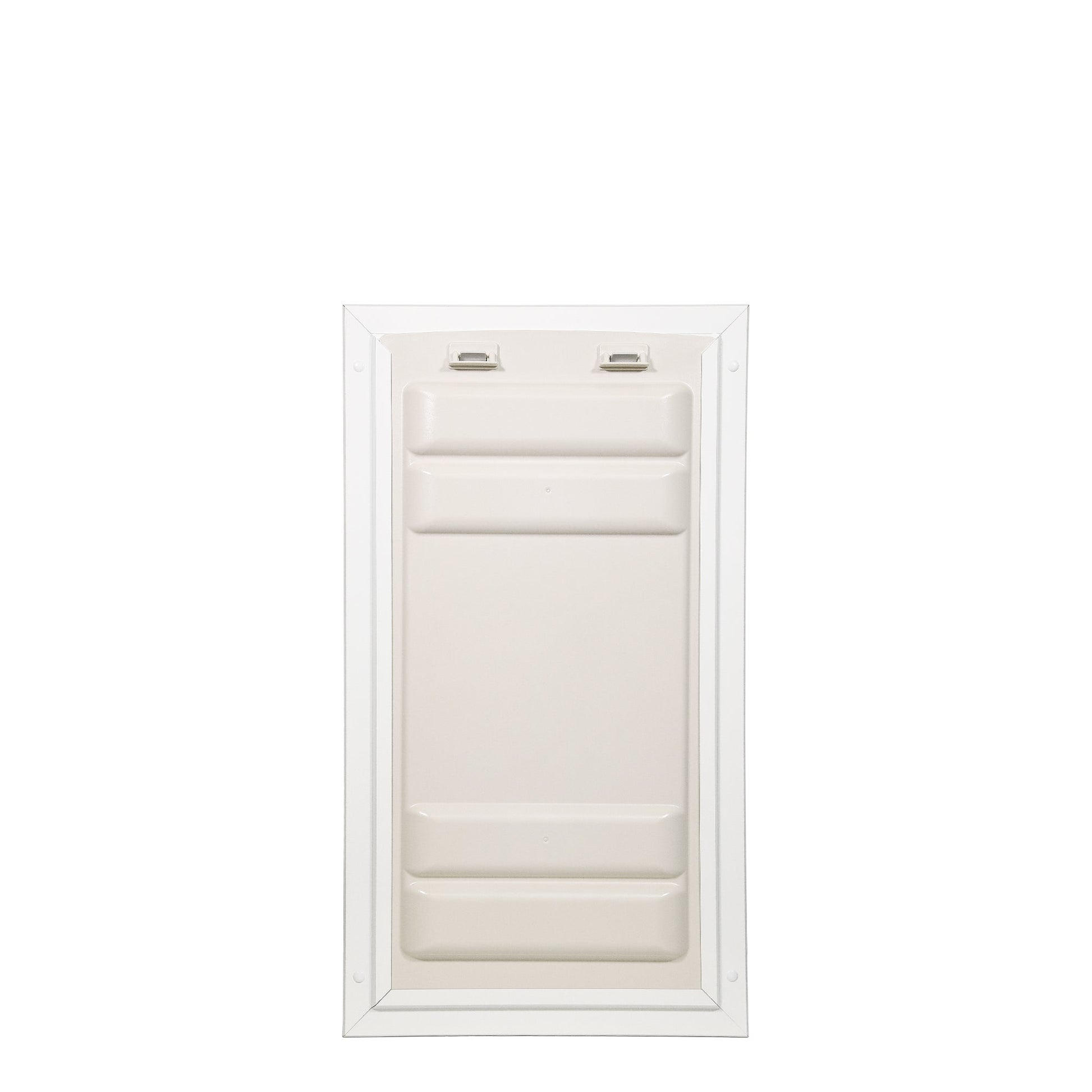 A closed, off-white pet door within a white frame.