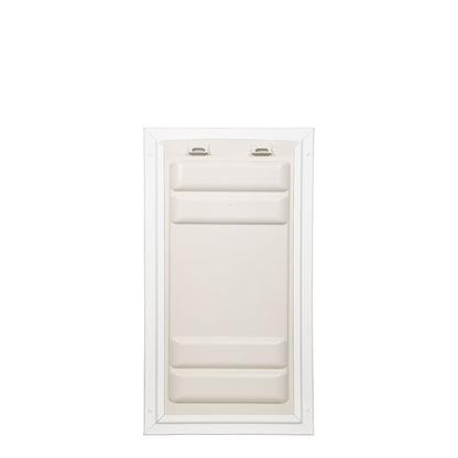 A closed, off-white pet door within a white frame.