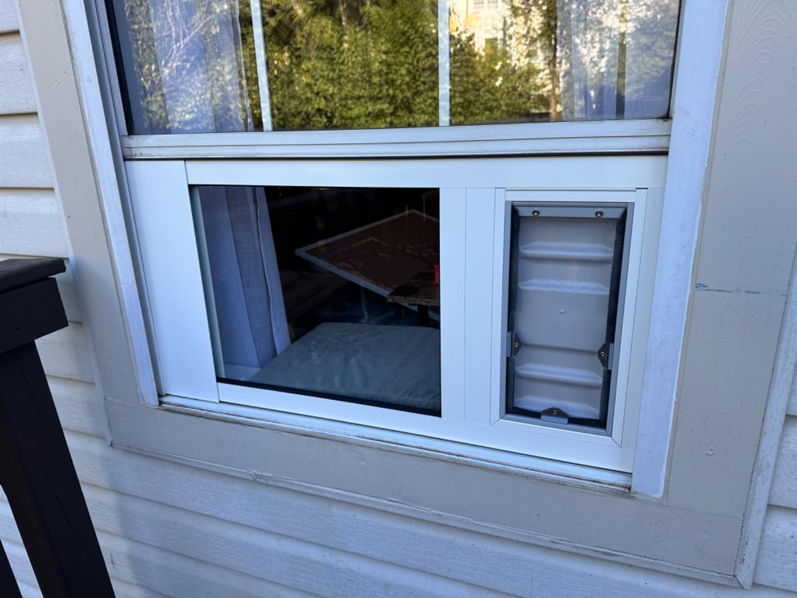 A window with a pet door installed.
