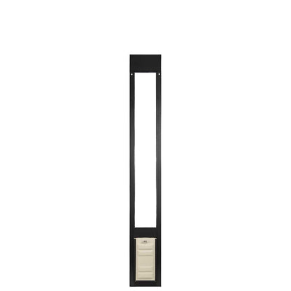 A black, vertical pet door frame is shown on a white background.