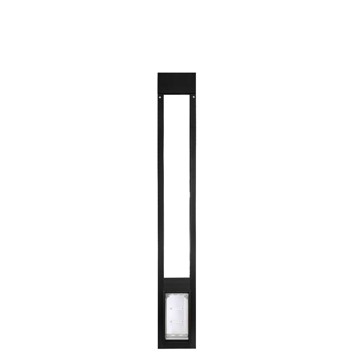 Black patio door insert with a dog door.