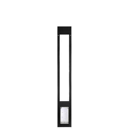 Black patio door insert with a dog door.