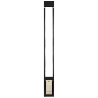 A long, black-framed pet door with a white panel at the bottom.