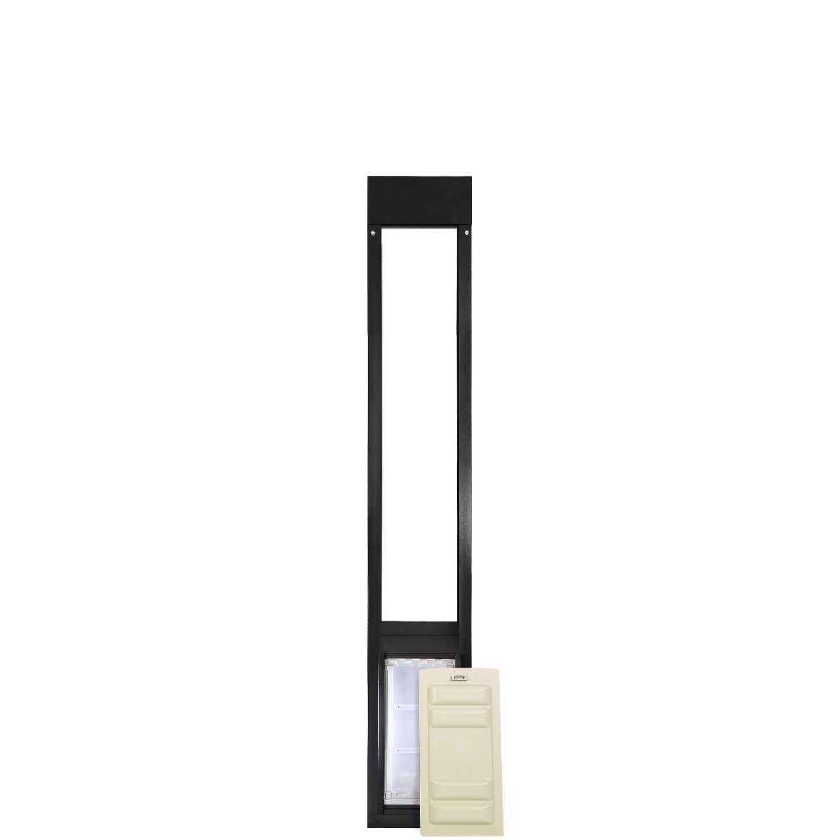 A pet door insert for a sliding glass door is displayed on a white background.
