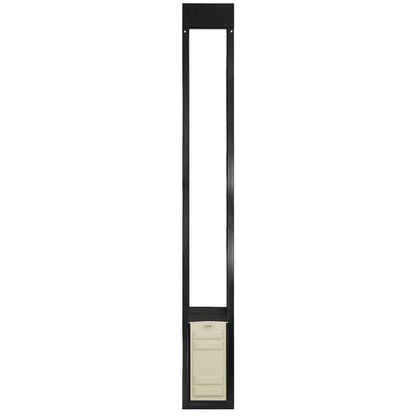 A pet door for sliding glass doors, with a black frame and a beige door flap.