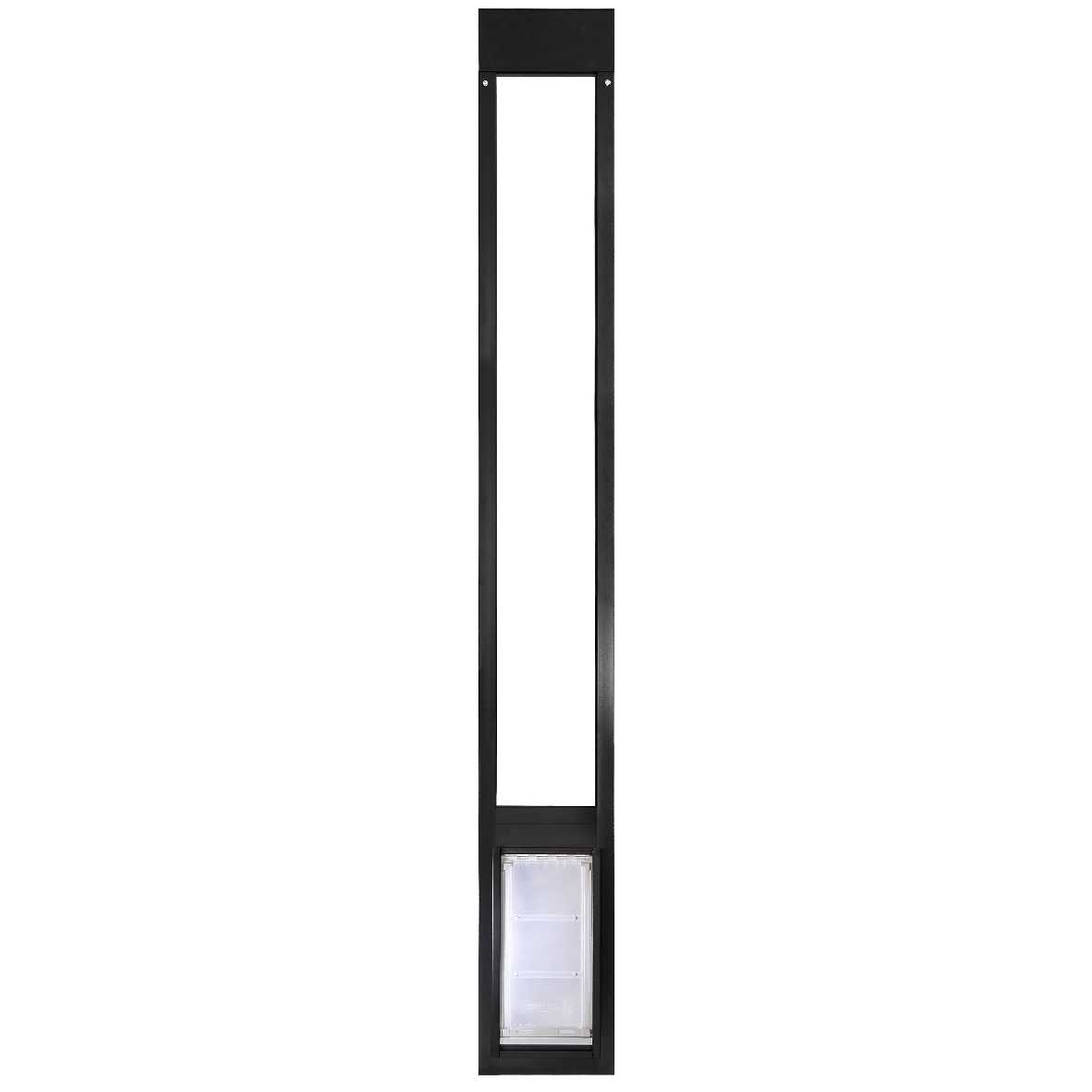 Black-framed sliding glass door pet door insert with a clear pet door.