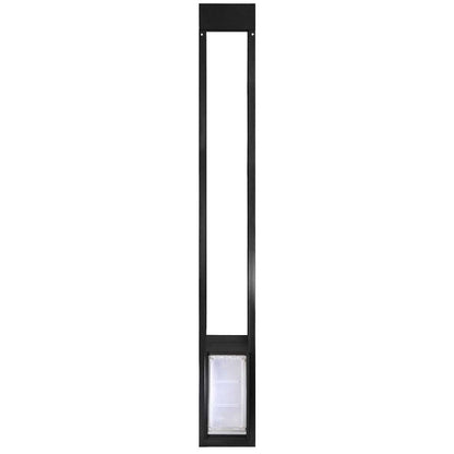 Black-framed sliding glass door pet door insert with a clear pet door.