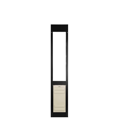 A black-framed sliding glass door insert with a beige-colored pet door.