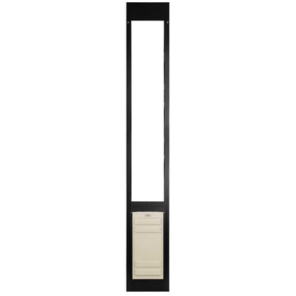 A black-framed dog door insert for a sliding glass door.