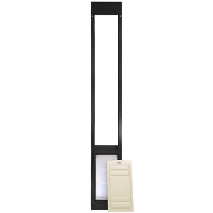 Black frame with a pet door and a beige cover.