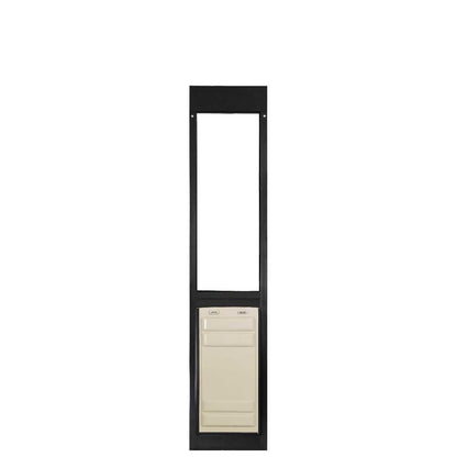 Black framed dog door with tan colored insert panel.