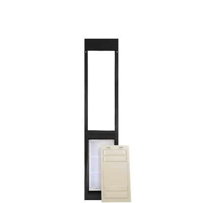 A black pet door frame with a closed pet door and a separate panel.