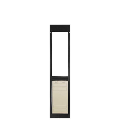A black framed dog door with a cream-colored panel.
