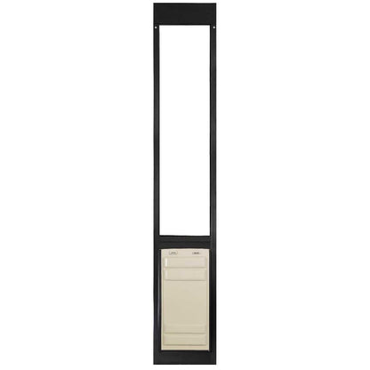 A black-framed sliding glass door insert with a rectangular pet door at the bottom.