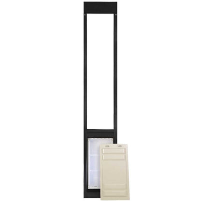 A dog door panel with a black frame and a removable beige cover.