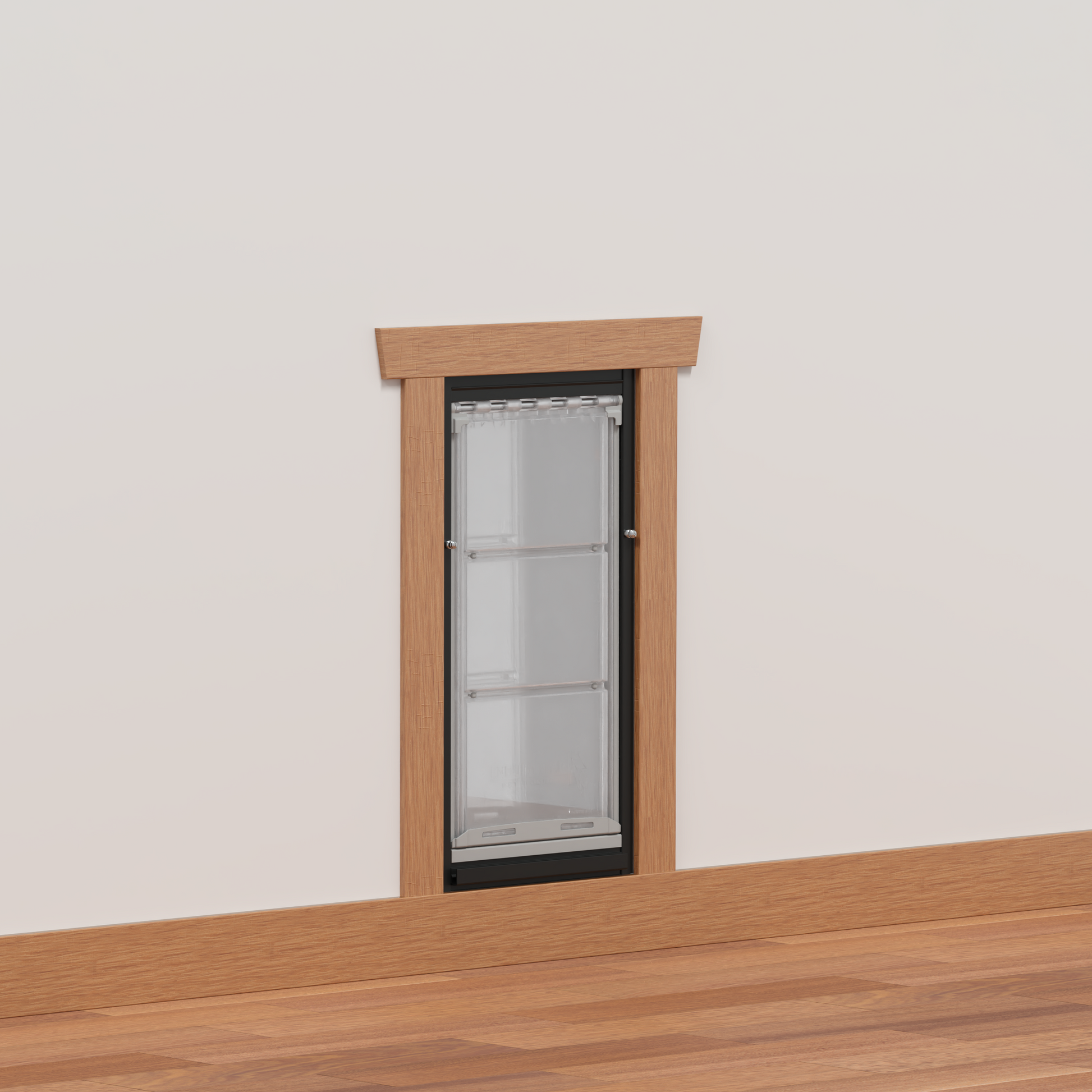 A dog door is installed in a white wall with a wooden frame.