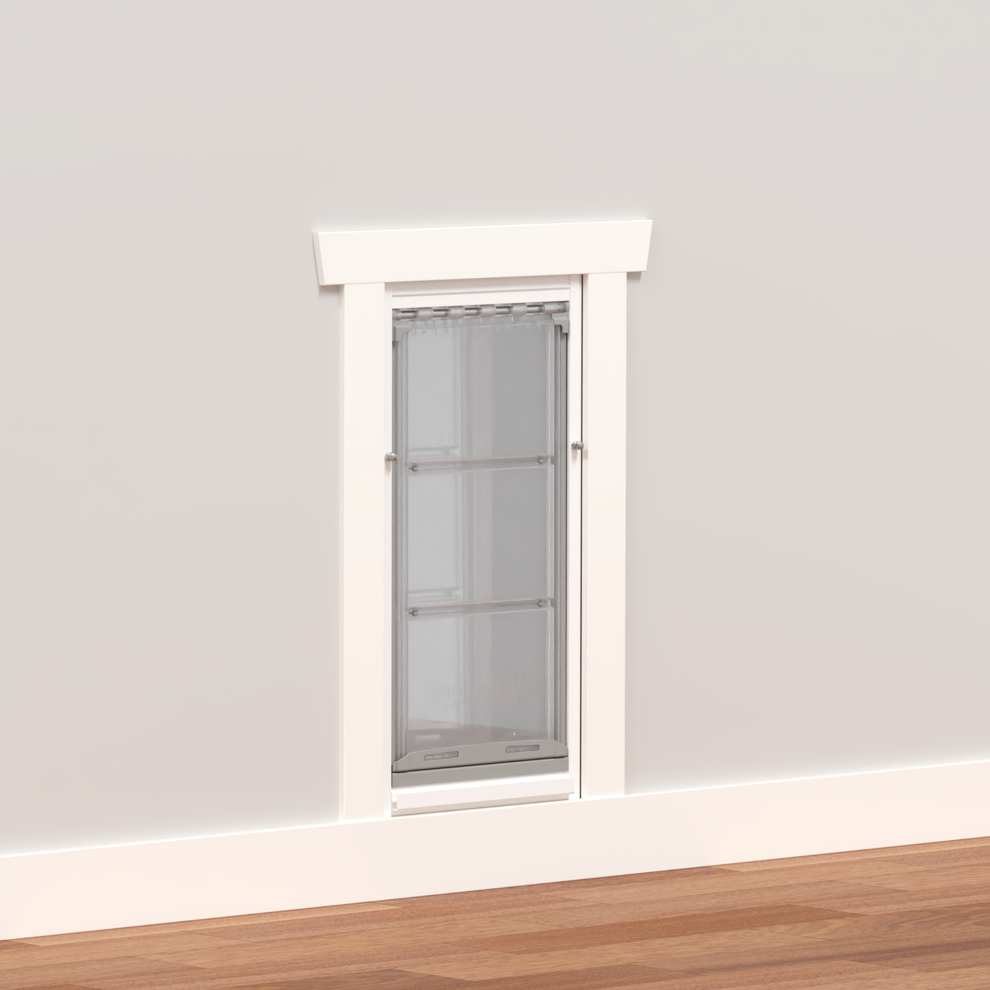 A pet door is installed in a wall.