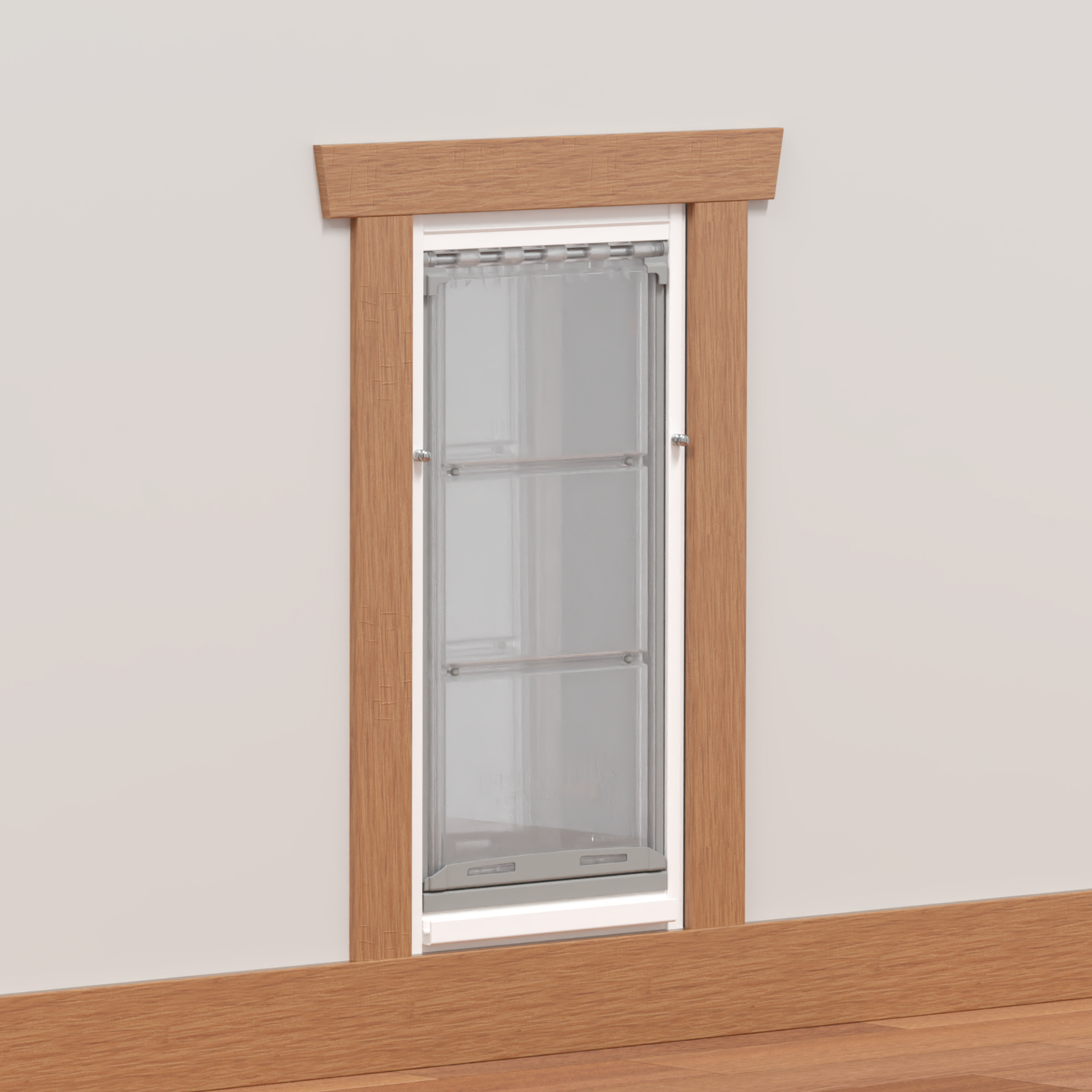 A pet door is installed in a wall.