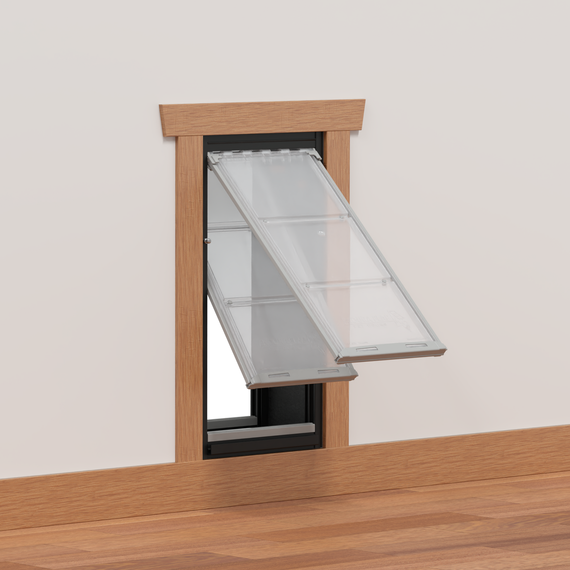 A pet door with two translucent flaps is installed in a wall._Color_Black