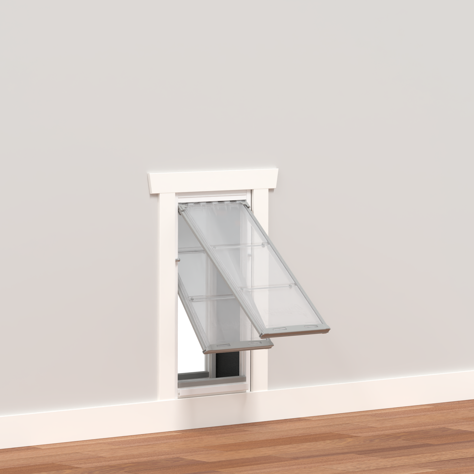 A pet door is installed in a wall.