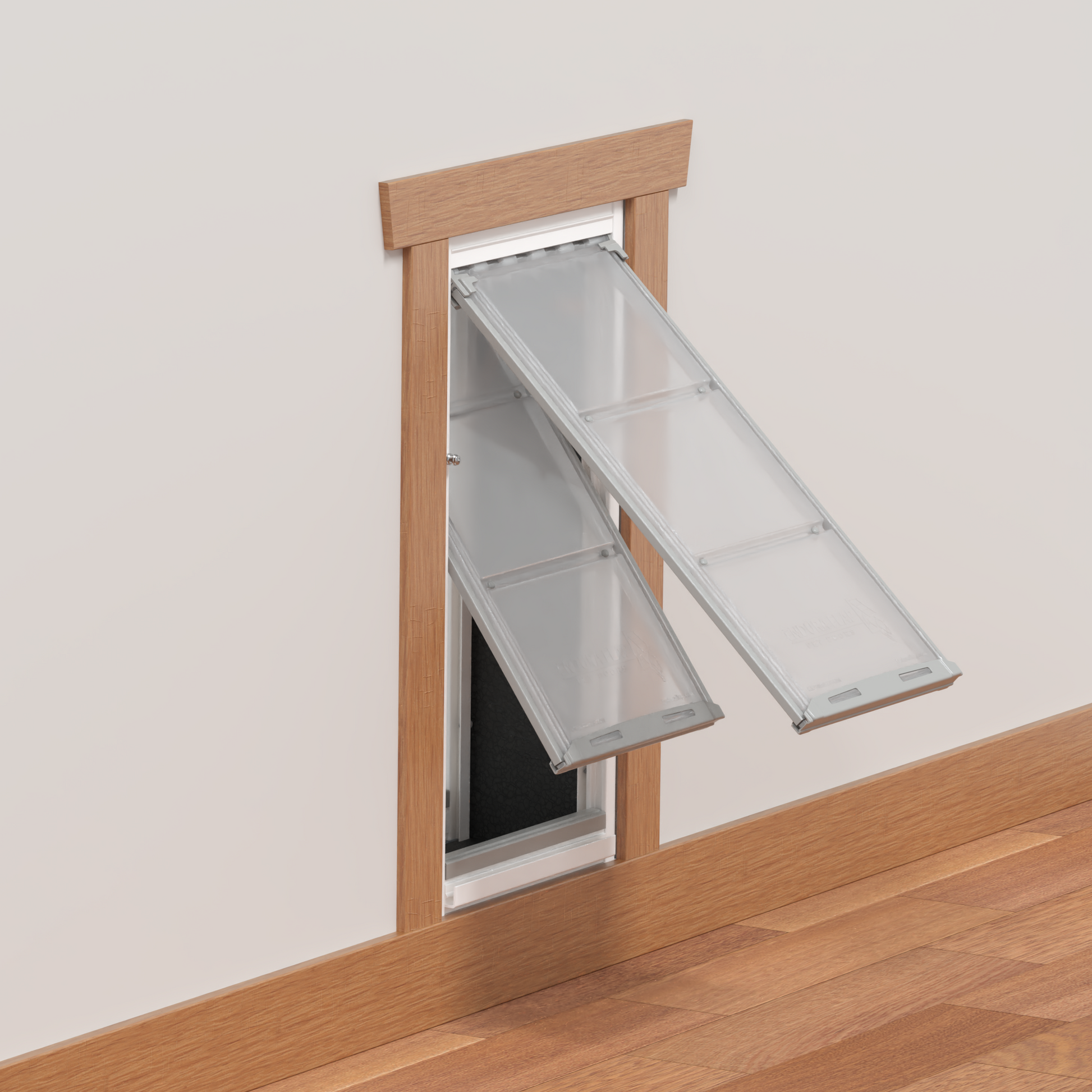 A pet door with flexible flaps installed in a wall.
