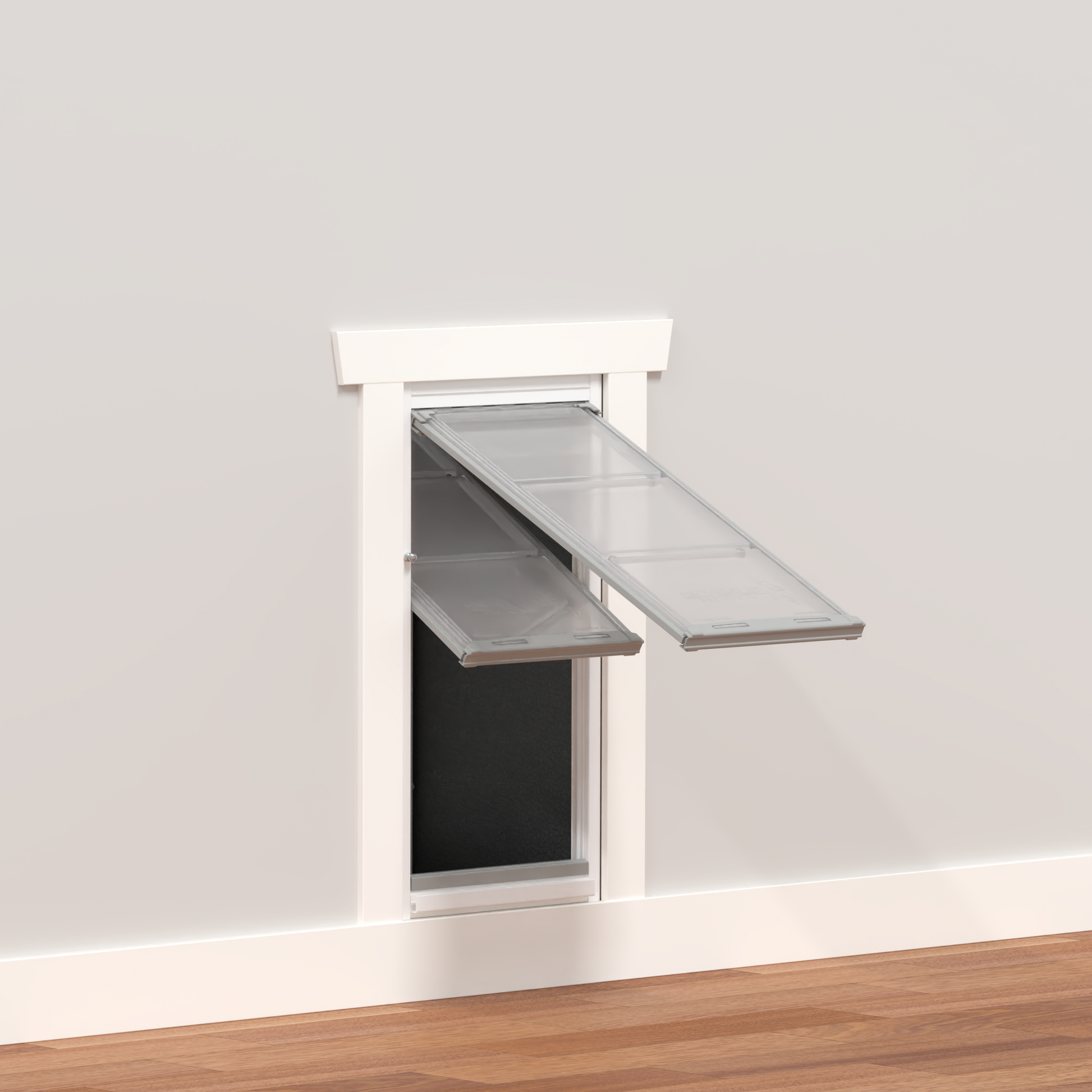 A pet door with clear flaps installed in a wall.