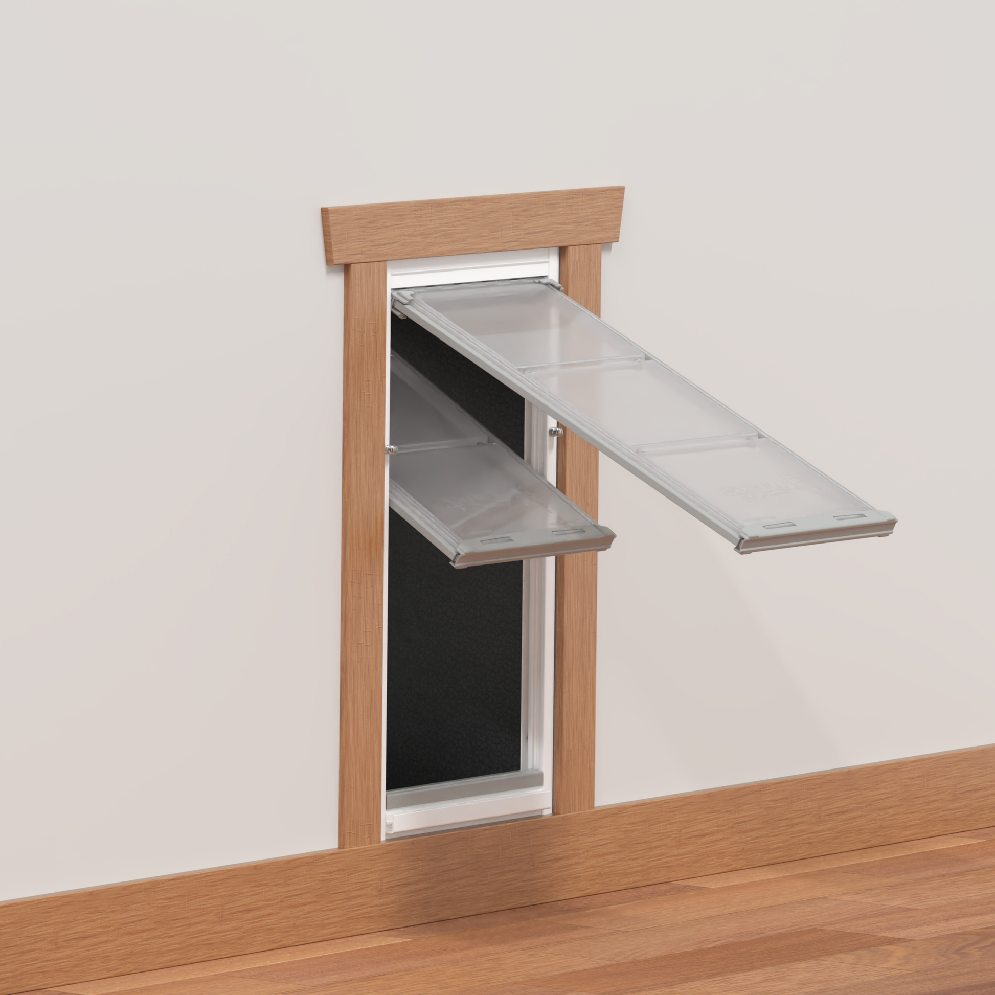 A pet door is installed in a wall with two clear flaps angled open.