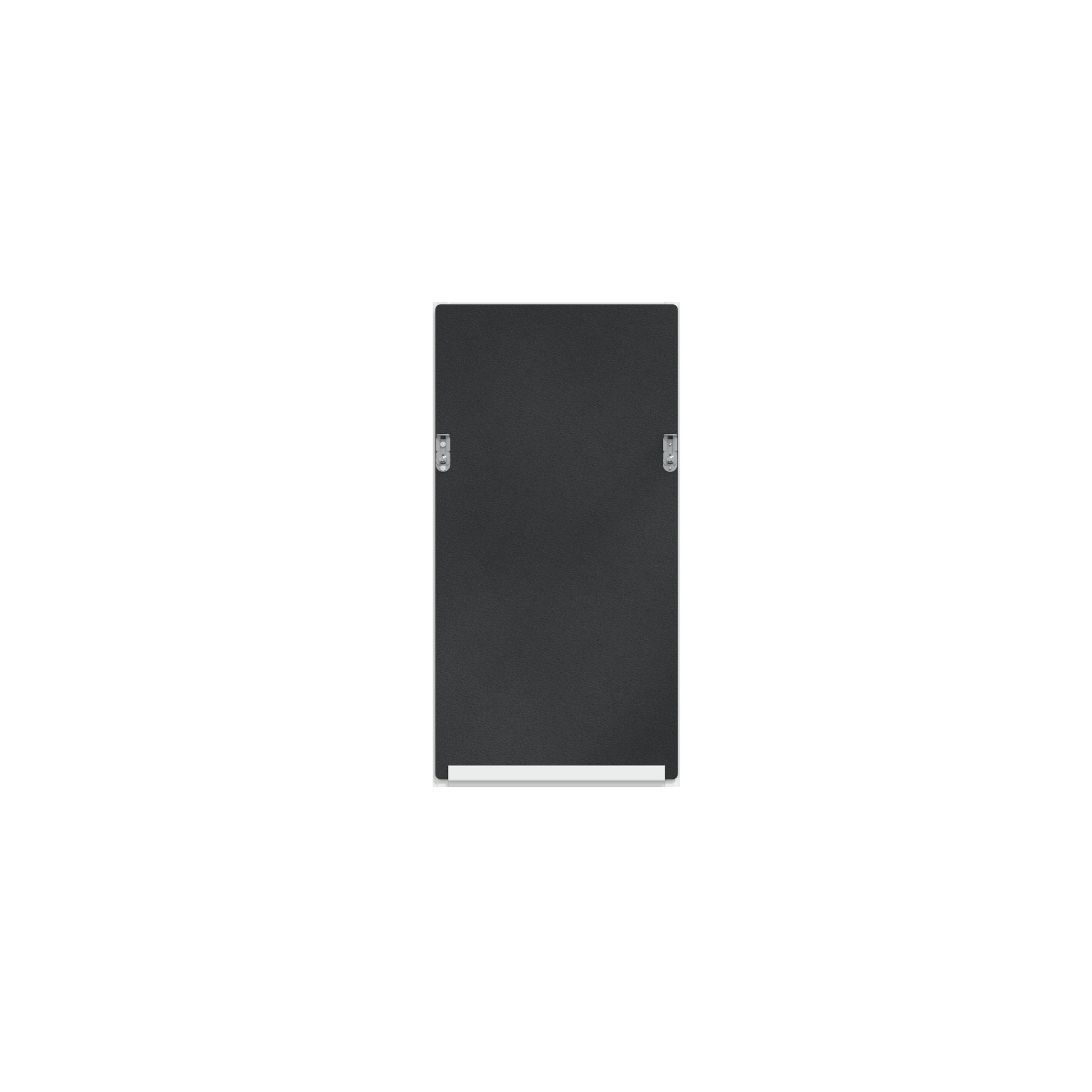 A dark gray rectangular panel with metal hinges and a white bar along the bottom is centered on a white background.