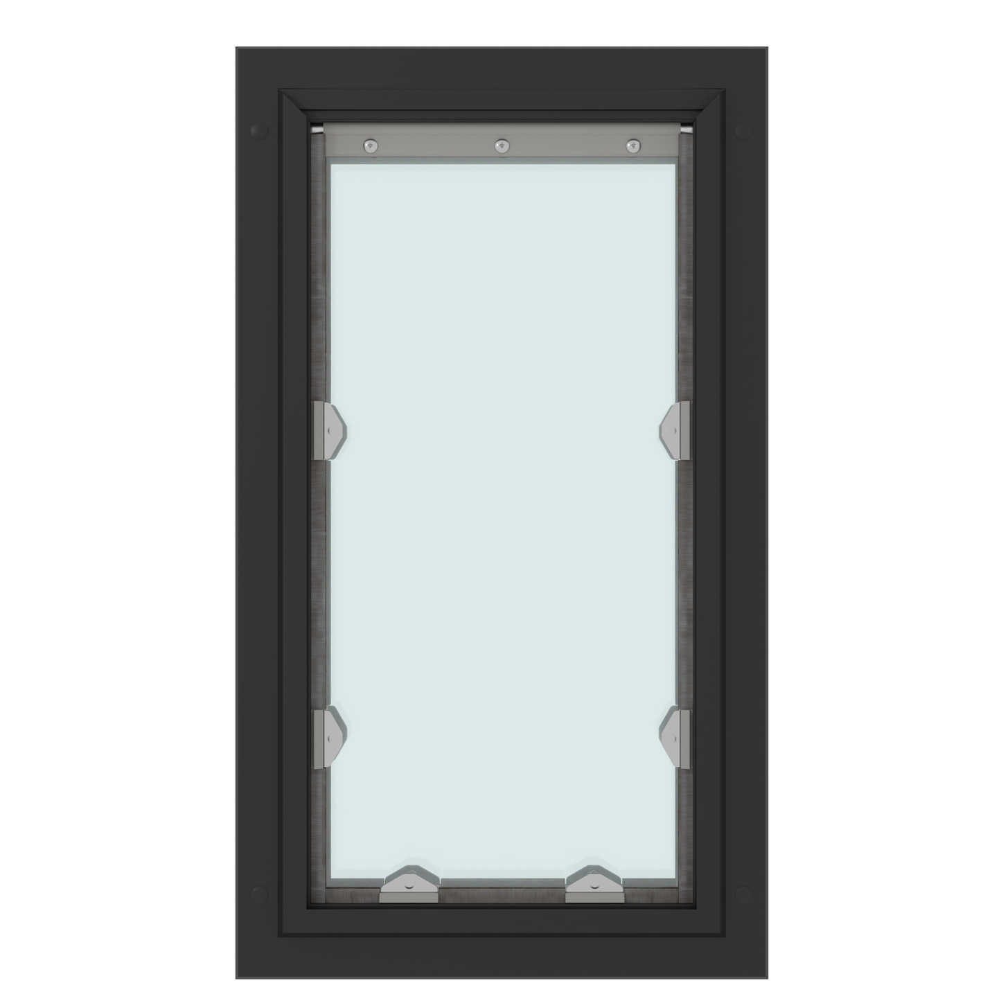 A black framed window with a centered pane of glass.
