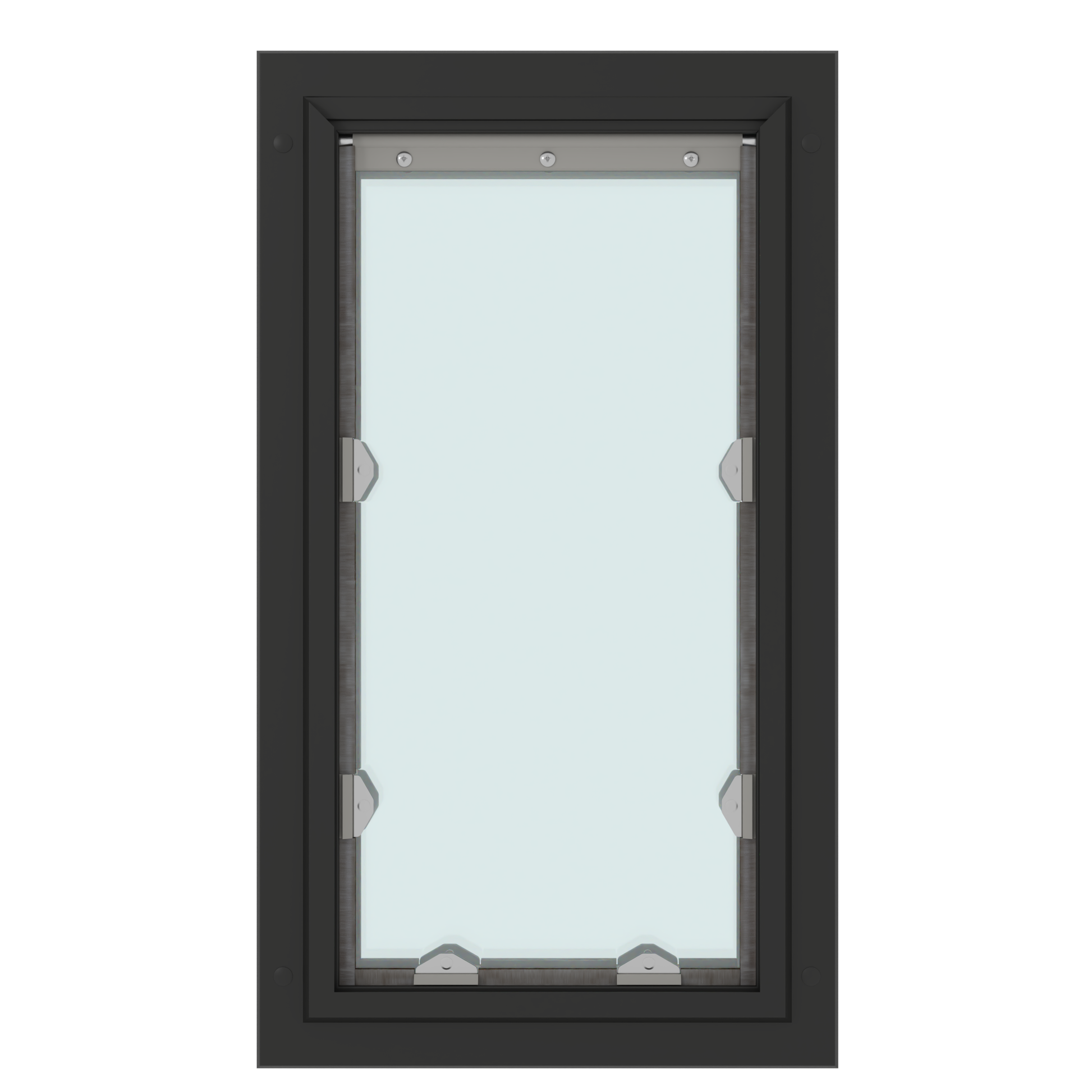 A black framed window with a centered pane of glass.