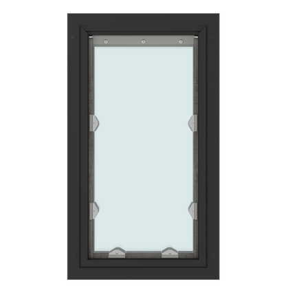 A black framed window with a centered pane of glass.