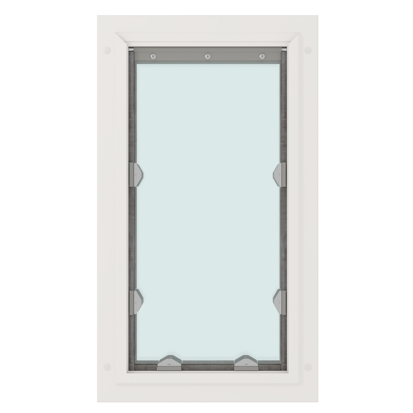 A white-framed window with clear glass and metal hardware.