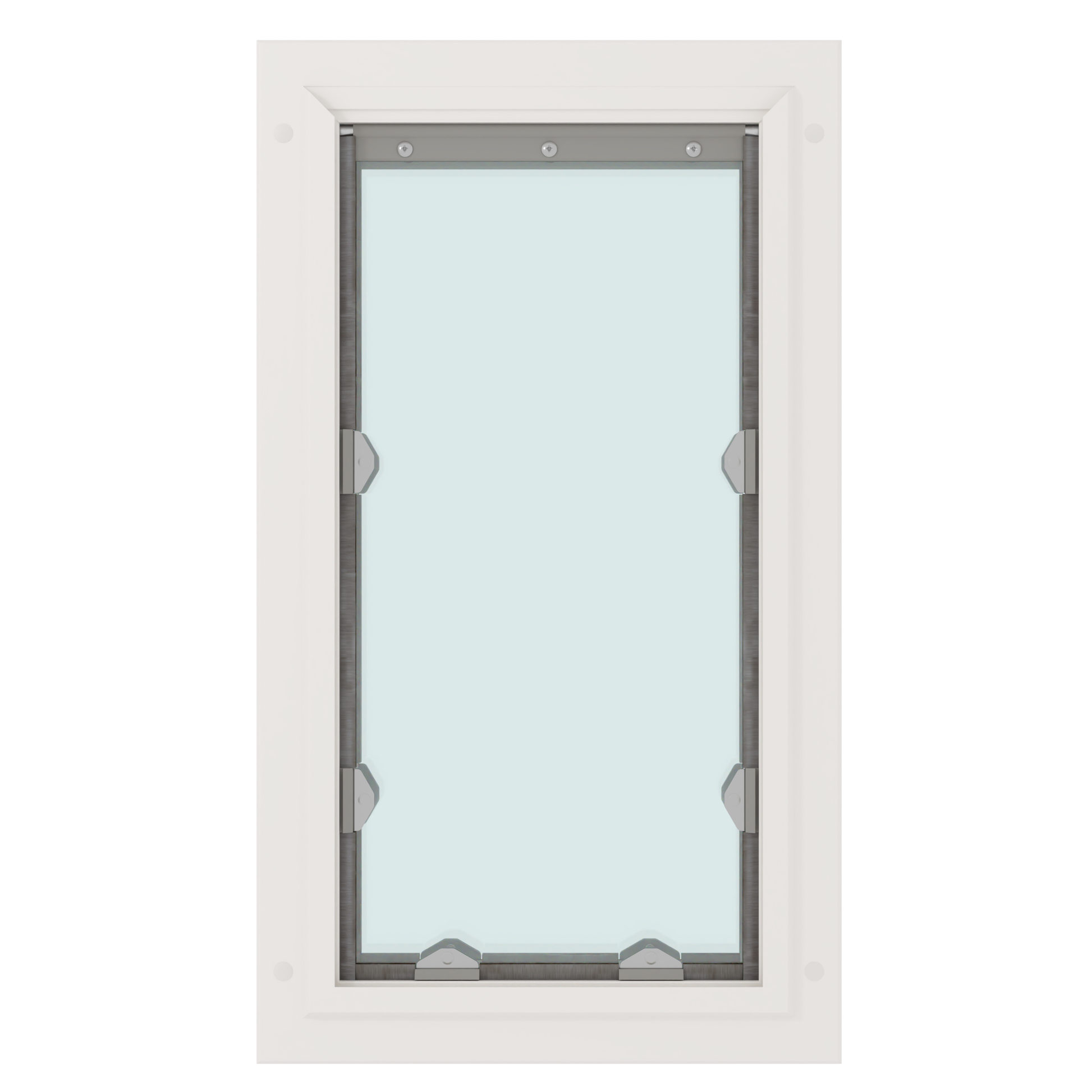 A white-framed window with clear glass and metal hardware.