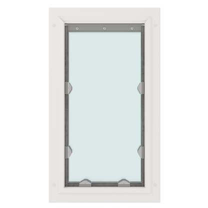 A white-framed window with clear glass and metal hardware.