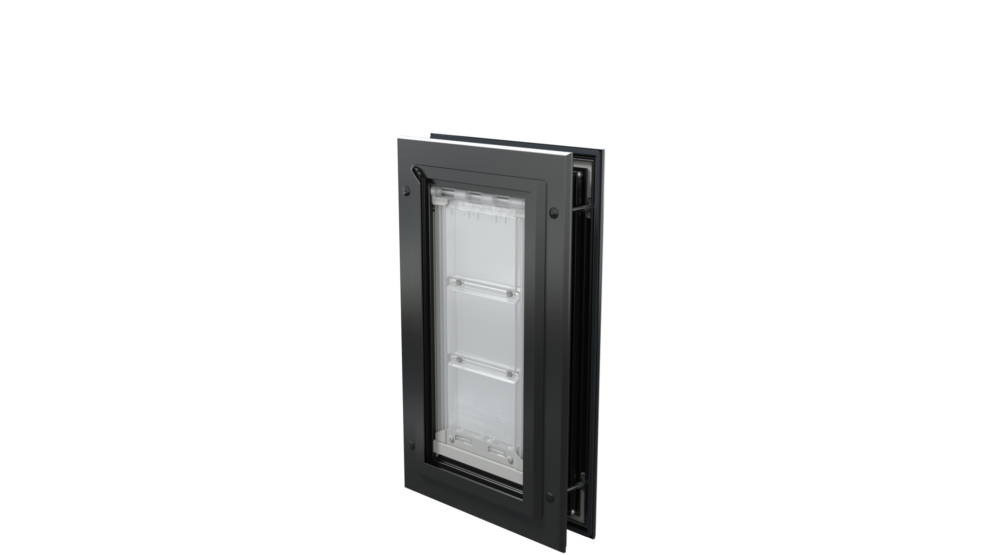 Closed, black Endura Flap single flap dog door, angled.