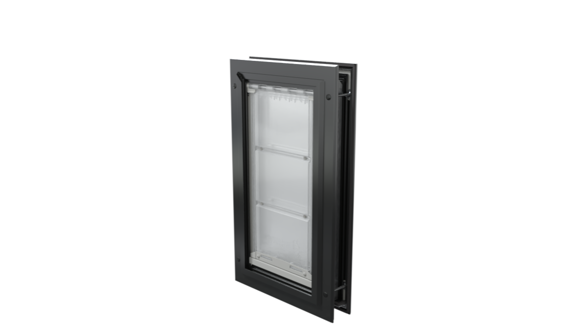 Closed black Endura Flap medium dog door, angled view.