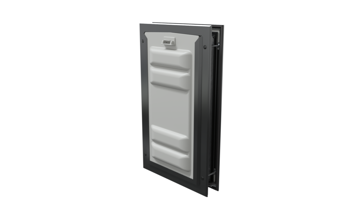 Locked black Endura Flap medium pet door, angled secure.