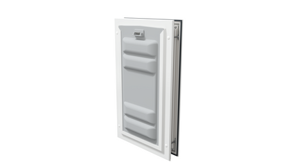 Locked white Endura Flap medium single flap, angled.