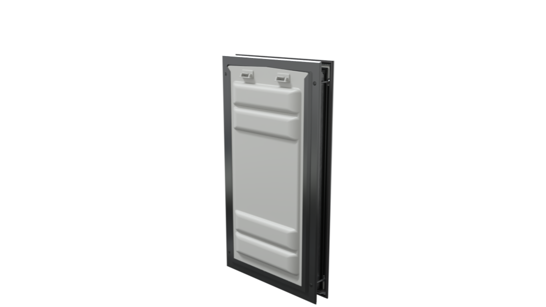 Locked black Endura Flap XL pet door, angled secure view.