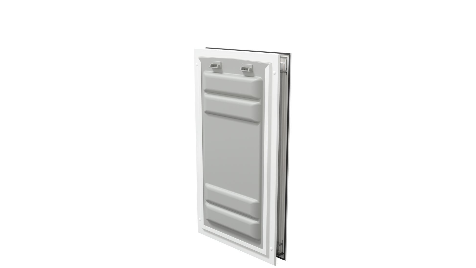 Locked white Endura Flap XL pet door, angled secure view.
