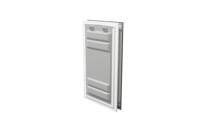 Locked white Endura Flap XL pet door, angled secure view.