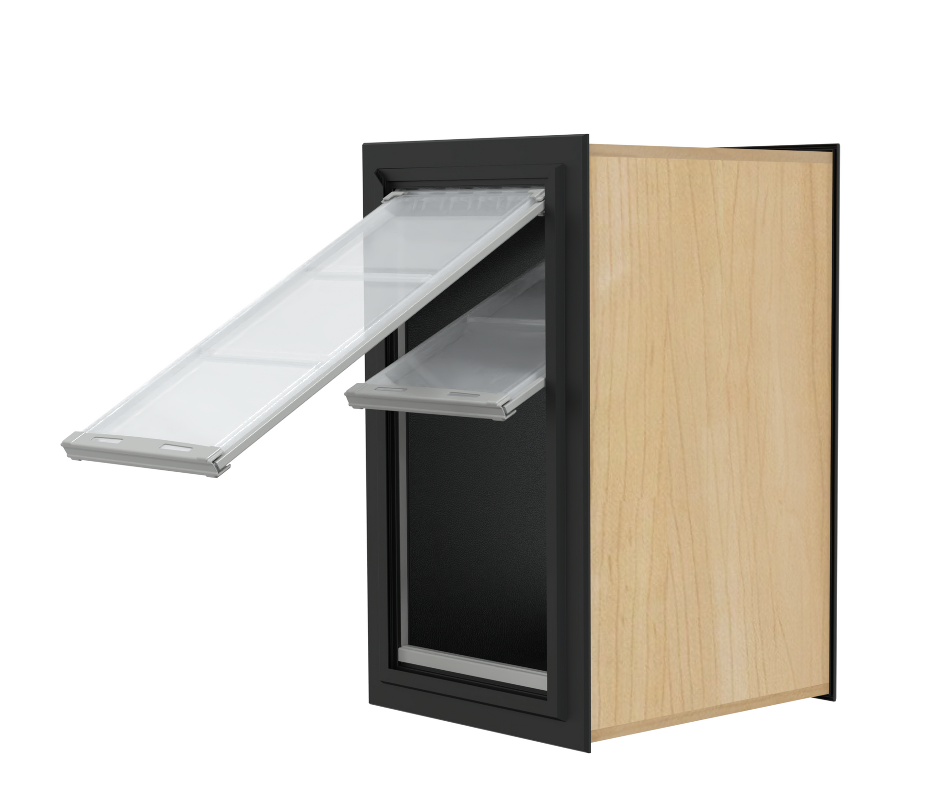 A cabinet with a framed opening and two clear, horizontal shelves partially pulled out._Color_Black