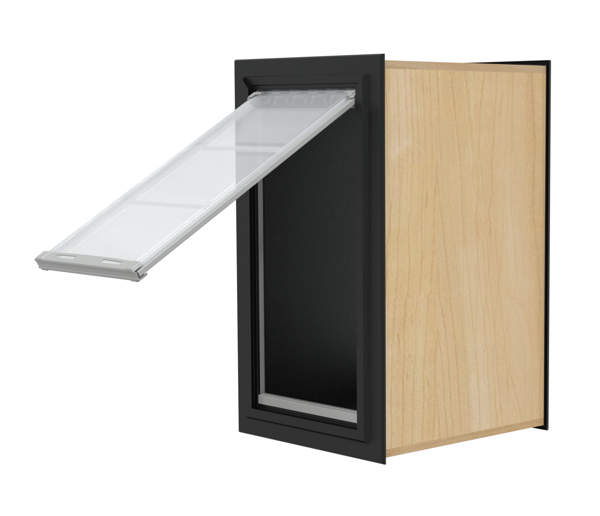 Wood cabinet with black trim and a partially open pet door.