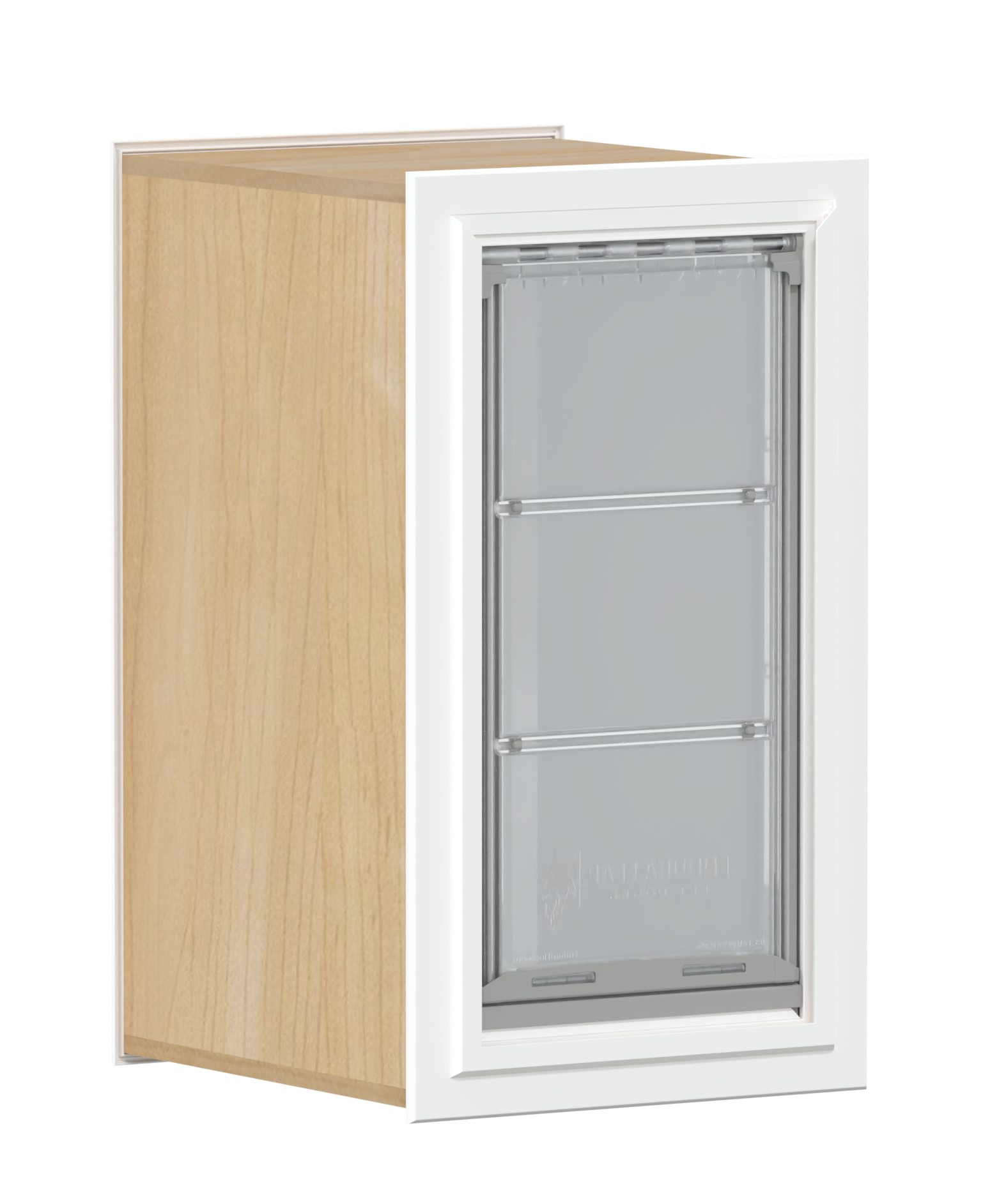 A pet door is shown attached to a wood-grain cabinet.