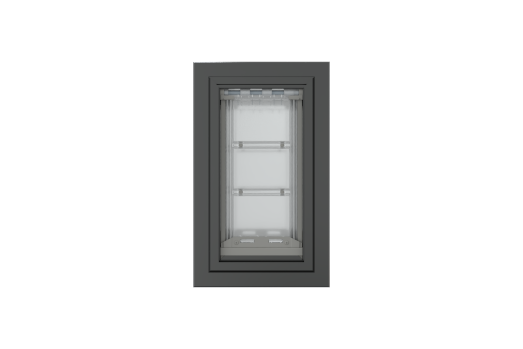 Front view of a black, double flap Endura Flap dog door for wall. This endura flap dog door is a top choice for pet owners.