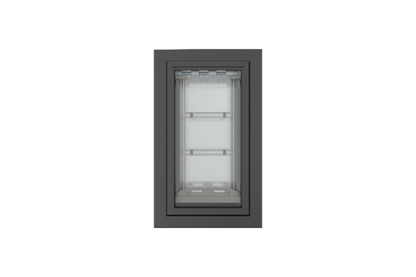 Front view of a black, double flap Endura Flap dog door for wall. This endura flap dog door is a top choice for pet owners.