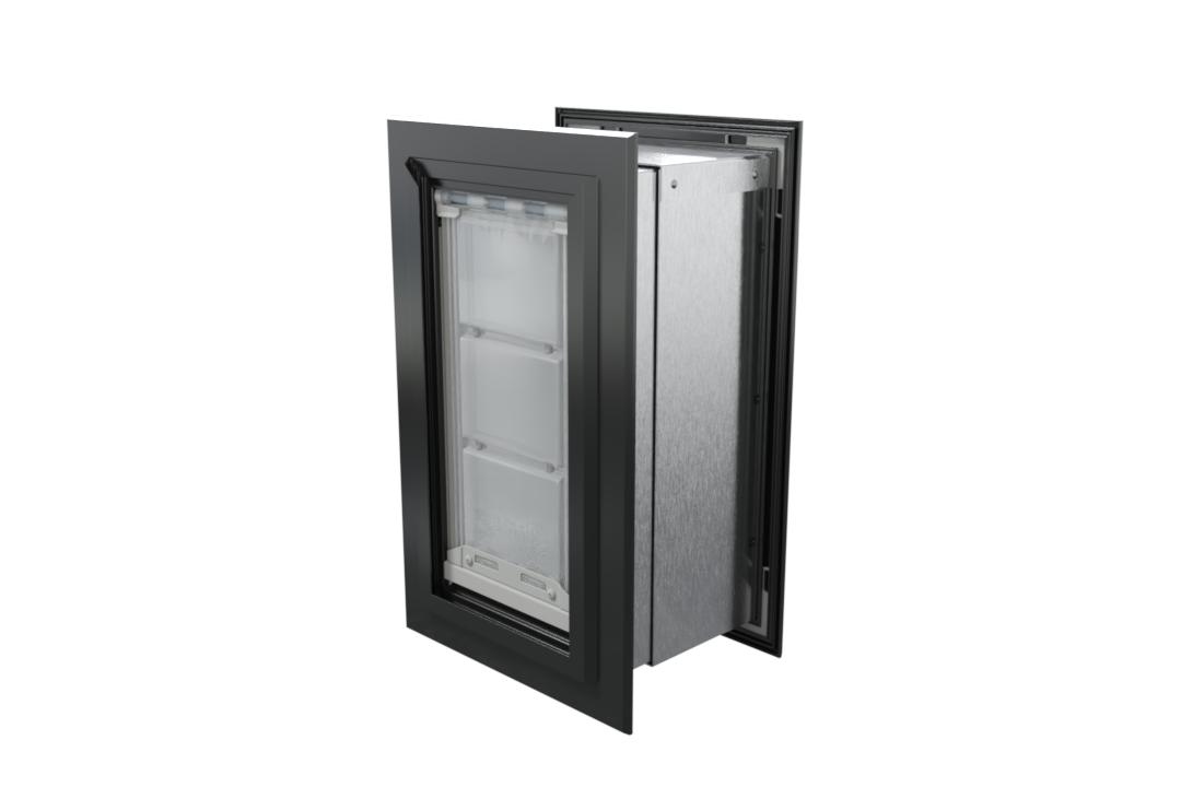 Angled view of a closed, black Endura Flap double flap wall mount pet door. This heavy duty dog door for wall provides excellent insulation.