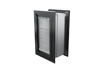 Angled view of a closed, black Endura Flap double flap wall mount pet door. This heavy duty dog door for wall provides excellent insulation.