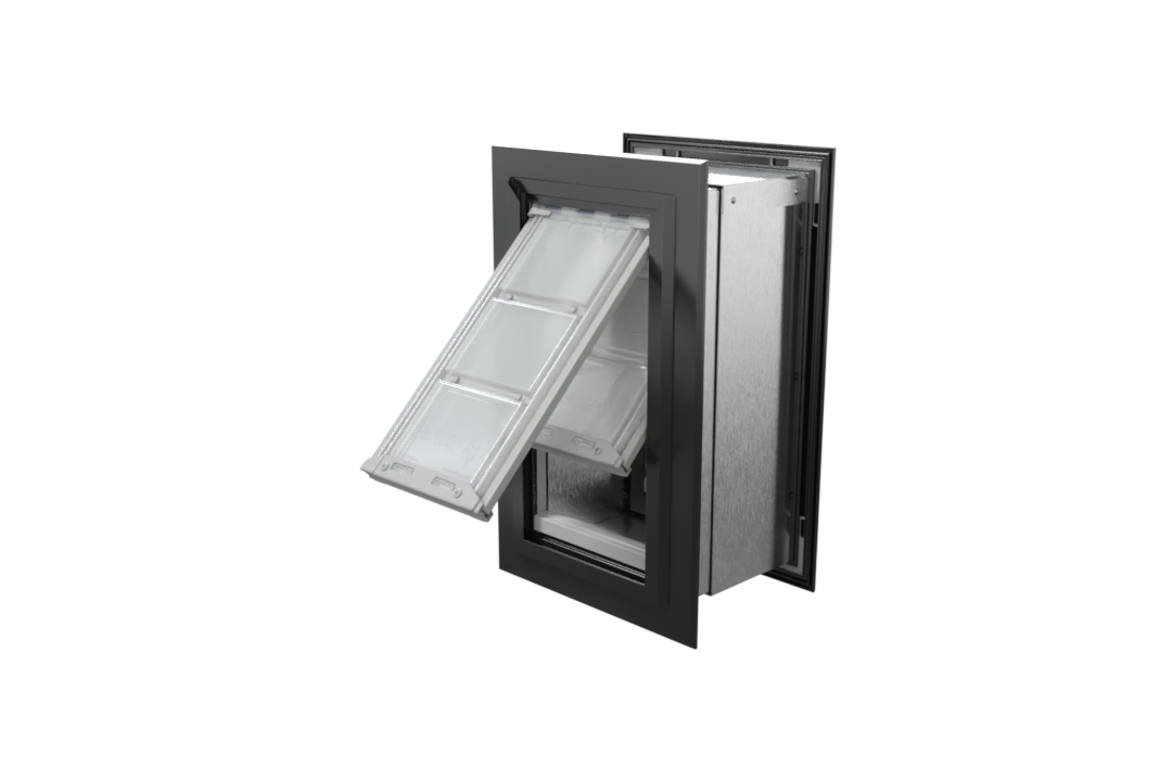 Angled view of an open, black Endura Flap double flap wall mount pet door. This through wall dog door is perfect for keeping out the elements.