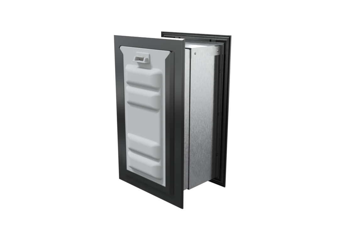 Angled view of a black endura flap pet door for wall with a locking cover. Secure your home and provide pet access with this wall entry pet door.